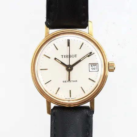 Damur Tissot Seastar 18K, quartz, Ø22mm, gravyr "för nit och redlighet i rikets tjänst", läderband, bruksslitage på band, repigt plexiglas, batteribyte krävs, ej funktionstestad, inga tillbehör.