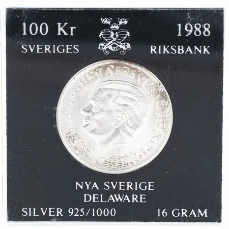 Silvermynt Carl XVI Gustav Sveriges Konung 100KR Nya Sverige Delaware 1638 · 1988 Ø32mm, 925/1000 16g.