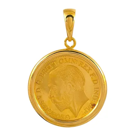 Hänge med myntavgjutning, 21K guld, Ø24 mm, längd inklusive ögla 36 mm, missfärgning Vikt: 11,2 g