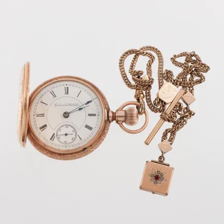 Savonett Waltham Columbus watch, Ø 54mm, tickar igång, boettnummer 197449, urverksnummer 75425, klockkedja, pläterad metall 