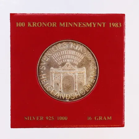Mynt 100kr Sveriges riksdag, Helge Andesholmen 1983, Ø31mm, bruksskick, 925/1000 silver Vikt: 15,8 g