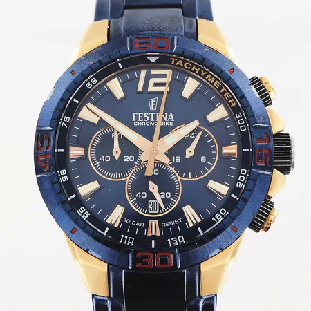 Herrur Festina Chrono Bike Special Edition F20524, quartz, stål i blått/rosé, länk 18cm, extra länkbit 10mm, gummilänk och skruvmejsel som extra tillbehör i box.