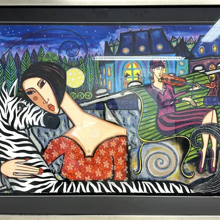 Tavla, färglitografi med glitter, EA, "Zebrakram", signerad Angelica Wiik f 1960,  bildmått 60x82cm, slitage på ram, SKICKAS EJ! Specialfrakt, kontakta pantbankskontoret för mer information.