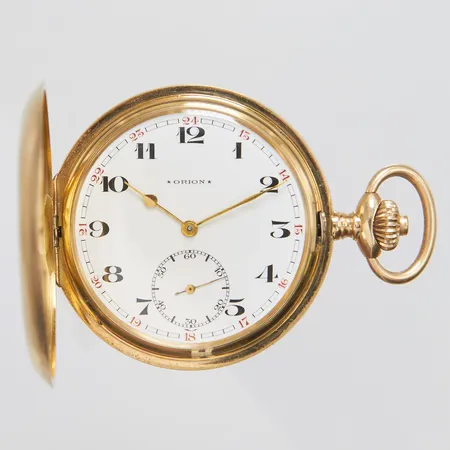 Savonett Orion, 14K, manuell, 51,2mm, boettnr: 176906, verknr: 380348, innerboett i metall, personlig gravyr på innerboett, repor, bucklor, bruttovikt 97,7g