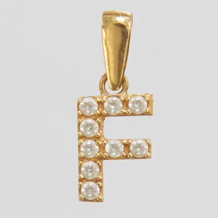 Hänge, bokstaven F med vita stenar, 15,7-6,2mm, GHA, klämd ögla, 18K Vikt: 0,4 g