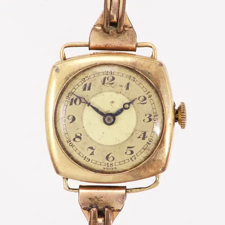 Damur boett i 14K, manuell, 25x30mm, länk i doublé, slitage, bruttovikt: 22,3 gram