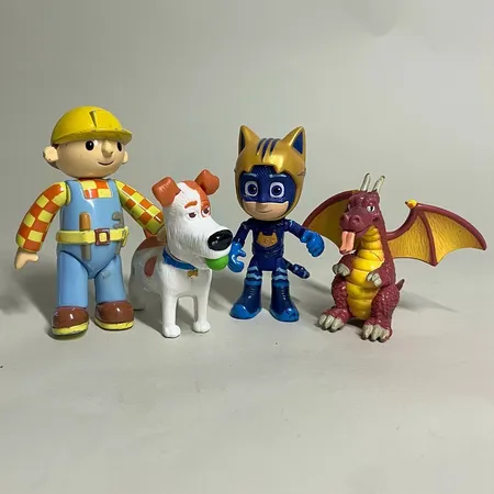 4 st udda figurer, Byggare Bob, Hunden Max, Kattpojken, drake, färgbortfall