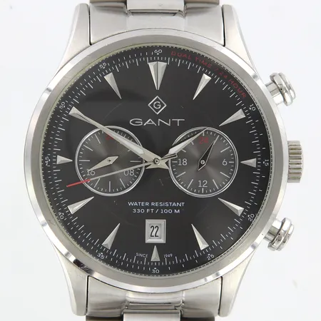 Herrur Gant referens-nr G1350, Ø43mm, stål, länkens innermått 18cm, bredd:18-22mm, liten repa på glas, batteribyte krävs