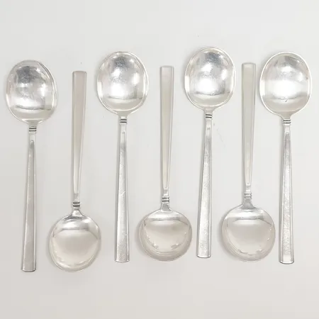 7 Matskedar, modell: Paris, längd: 170mm, MEMA, Lidköping, 1964-1965, 1977, missfärgade, silver, 830/1000 Vikt: 305,4 g