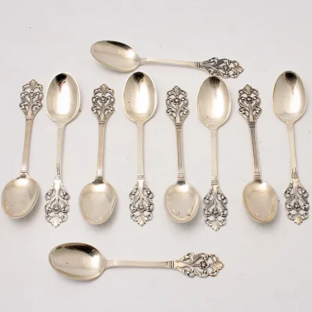 10st skedar i silver, 10cm, modell Viking rose, 830/1000, tillverkad i Norge, vikt 73,73g.