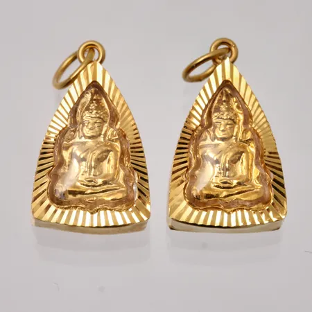 2st hängen i 9K guld, Buddha, mått 9x18mm, plast glas, bruttovikt 2,24g.