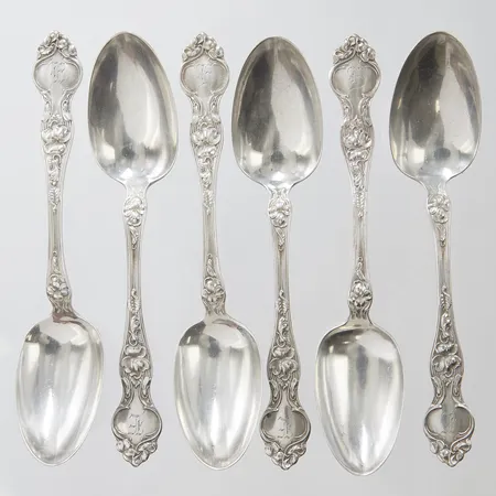 6 Teskedar, längd: 135mm, R. Wallace & Sons, monogramgravyr, repiga, sterling silver, 925/1000 Vikt: 96 g