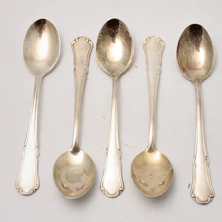  5st skedar i silver, 10,9cm, modell Rådhus, 830/1000, tillverkad av Bröd Wallins Nysilverfabrik, år 1950-53, vikt 65,49g.