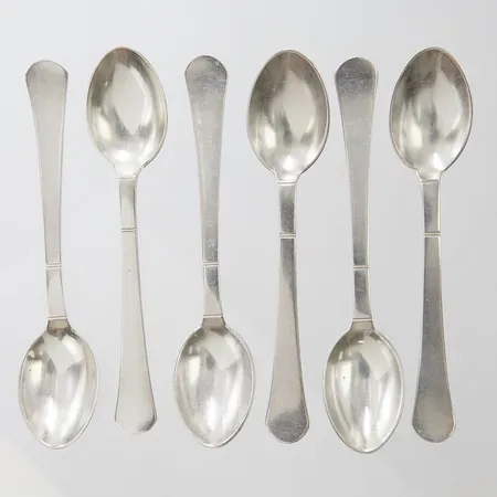 6 Mockaskedar, modell: Birka, längd: 110mm, GAB, monogramgravyr, repiga, silver, 830/1000 Vikt: 82,6 g