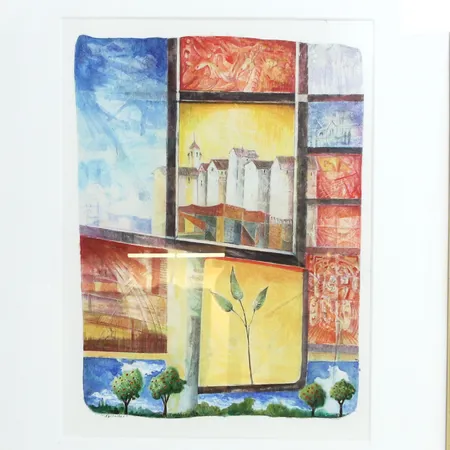 Målning akvarell namngiven "Episoder" okänd konstnär, signerad rammått: 53x43cm Skickas med postpaket.