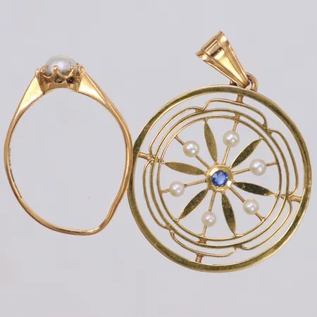 Diverse guld, odlade pärlor, sten, defekt, 18K Vikt: 5,3 g