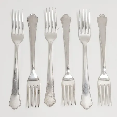 Sex Gafflar Chippendale, längd ca 18cm, 830/1000 silver Vikt: 203 g