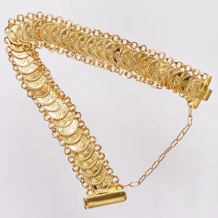 Armband myntliknande berlocker, ca 16cm, bredd 15mm, säkerhetskedja, 22K  Vikt: 11,5 g