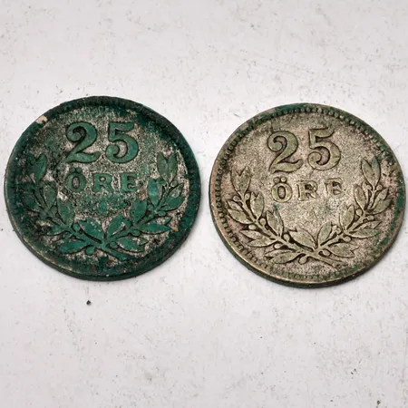 Mynt i silver, 25öre, vikt 4,66g.
