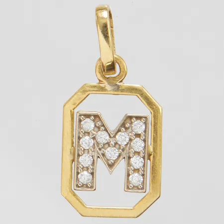 Hänge, bokstaven M med vita stenar, 24,5x11,2mm, italienska stämplar, 18K Vikt: 1,5 g