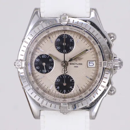 Herrur Breitling Chronomat, stål, automatisk, Ø39mm, ref-nr A13050.1, serie-nr 17212, vitt gummiband, original pilotlänk medföljer, reseetui smutsigt, bruksslitage