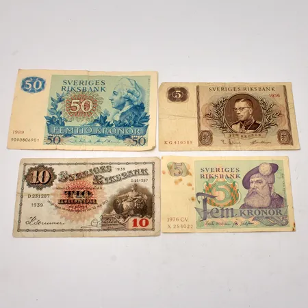 4st sedlar, var ar 2st femkronor från år 1956, 1976, 1st 50 krona från år 1989, 1st 10 krona från år 1939.