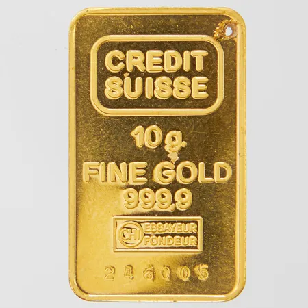 Guldtacka Credit Suisse, Fine Gold 999,9, serienr: 246005, borrhål, 24K Vikt: 9,9 g