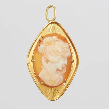 Brosch/hänge med snidad snäckskalskamé, 45x26mm, skev broschnål, 18K Vikt: 6,8 g