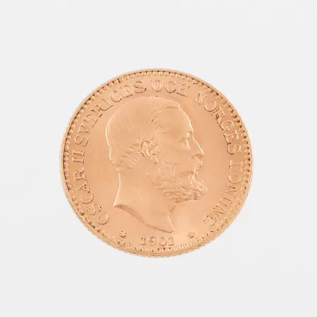 Mynt 10kr, Brödrafolkens Väl, Oscar II Sveriges O. Norges Konung, år 1901, 17,9mm, 21,6K Vikt: 4,5 g