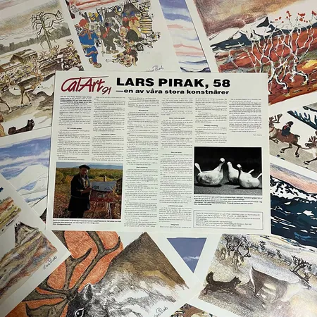 Lars Pirak Konstmapp "Cal Art 91", 12st offset tryck samt infoblad, bland annat "Rengärdet", "Rajden går", "Jokkmokks Marknad", "Tjuonavägge", "Den Vita Renen", "Cårå" och "Renskiljning". 30cm X 40cm, Oramade Skickas med postpaket.