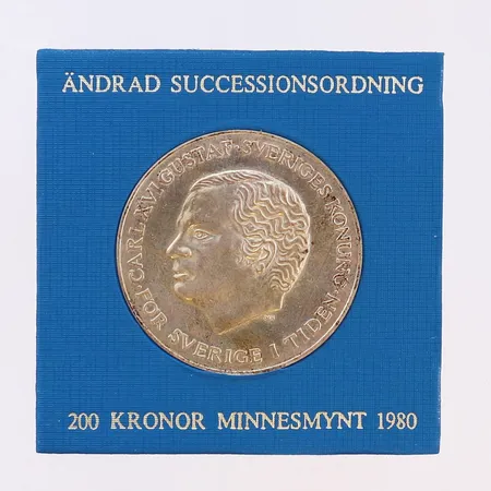 Mynt 20kr minnesmynt 1980 Carl Gustaf XVI, Ø36mm, silver Vikt: 27 g