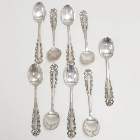 9 Kaffeskedar, modell: Aristokrat, längd: 110mm, Svedboms Guldsmeds Ab Hov, Vetlanda, 1978-1980, missfärgade, silver, 830/1000 Vikt: 126,6 g