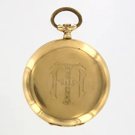 Fickur savonett, Ø50mm, 14K, innerboett i metall, saknar krona, repigt plastglas, monogramgravyr, brv: 96,6 gram Vikt: 0 g