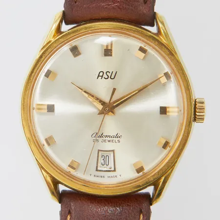 Herrur Asu, doublé, automatisk, 35mm, datum, brunt läderarmband, mindre repor, inga tillbehör.