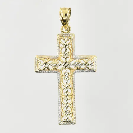 Hänge kors, längd 30 mm, bredd 16 mm, gulguld/vitguld, 18K. Vikt: 1,2 g
