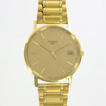 Herrur Tissot Ø34mm, quartz, datumfönster, länk i gulmetall, batteribyte krävs, boett i 18K Vikt: 0 g