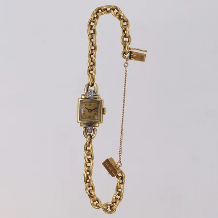 Damur med åttkantslipade diamanter, ca 0,04ctv, 14K, gravyr, med armband Ankar, säkerhetskedja, 18K. Brutttovikt 30,3g 