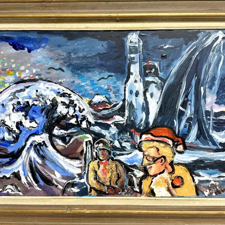 Tavla, Sven-Arne "Höken" Hökenström (Stockholm, 1947-2025), ca 40x60cm, blandteknik på pannå, personlig dedikation på baksida, slitage på ram Skickas med postpaket.