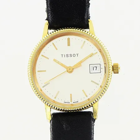 Damur Tissot 18K, quartz, Ø24mm, vit urtavla, gravyr, defekt läderband ej original 21,5cm, i behov av batteribyte, inga tillbehör.