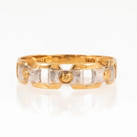 Ring i 18K röd- och vitguld. Den är i storlek 17, är 2 - 4,5 mm bred och väger 1,0g. 