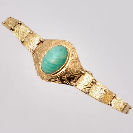 Armband i 18K guld, 18cm, bredd 3,3-23,5mm, 1st Amazonit, mått 11x16mm, importstämpel, bruttovikt 11,55g, ca nettovikt 9g.