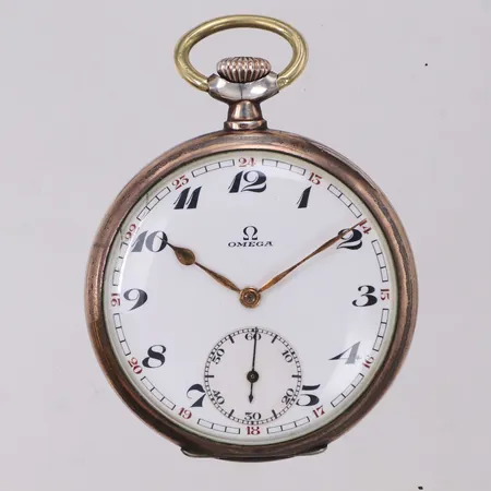 Fickur Omega, manuell, Ø50mm, boettnr 7451085, verknr 6689316, innerboett i silver, liten sekundsvisare, röd 24 timmar, monogramgravyr, 800/1000 silver. Bruttovikt 75,3g