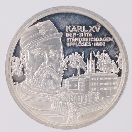 Minnesmynt, Karl XV, Den sista ståndsriksdagen upplöses 1866, Kungariket Sverige, 35,9mm, 925/1000 silver Vikt: 27,2 g