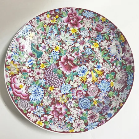 Fat blomdekor, Kina, ca Ø33cm, porslin, signerad Skickas med postpaket.