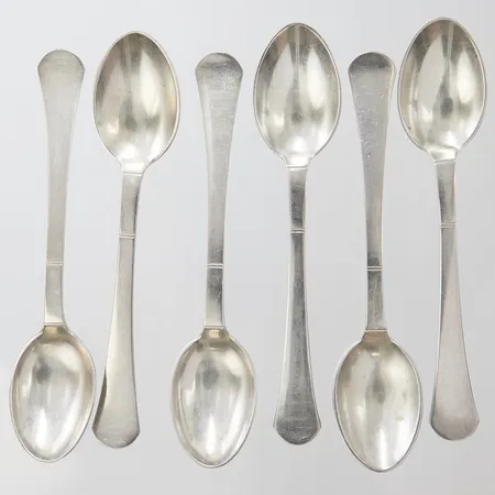 6 Kaffeskedar, modell: Birka, längd: 125mm, GAB, monogramgravyr, fläckar, repiga, silver, 830/1000 Vikt: 118,7 g