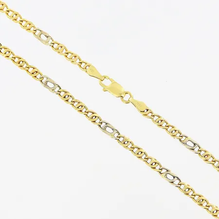 Kedja 52,5cm, bredd 3mm, vit/gulguld, mindre bucklor, 18K Vikt: 8 g