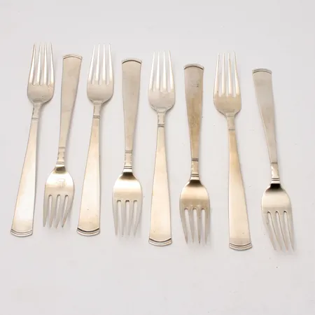 8st gafflar i silver, 17,6cm, modell Rosenholm, 830/1000, tillverkad av GAB, år 1978-87, vikt 283,22g.