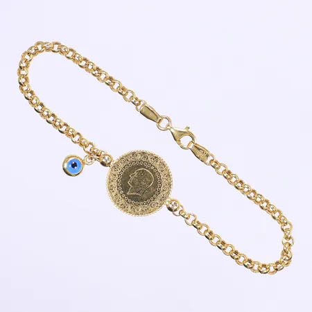 Armband med berlock 14K samt mynt 21K längd 20cm Vikt: 5,5 g Vikt: 5,5 g