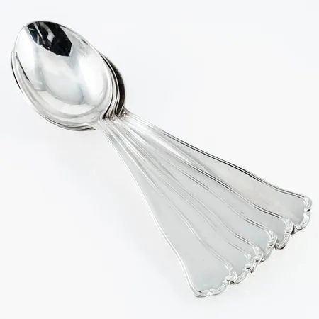 Kungsholm i silver (830/1000): sex dessertskedar (153 mm). Från GAB 1972-73. Bruksskick. Vikt 202g.