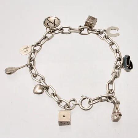 Armband i silver, 19cm, Ankar, bredd 6mm, 9st berlocker, 835/1000, vikt 18,06g.